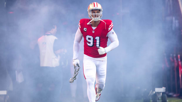 September 21, 2023; Santa Clara, California, USA; San Francisco 49ers defensive end Arik Armstead (91) before the game against the New York Giants at Levi's Stadium. Mandatory Credit: Kyle Terada-USA TODAY Sports